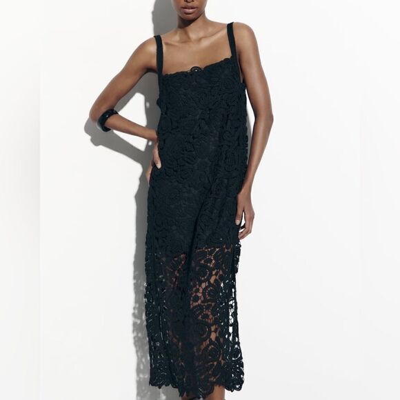 Zara Macrame Knit Dress Black New - Picture 5 of 9